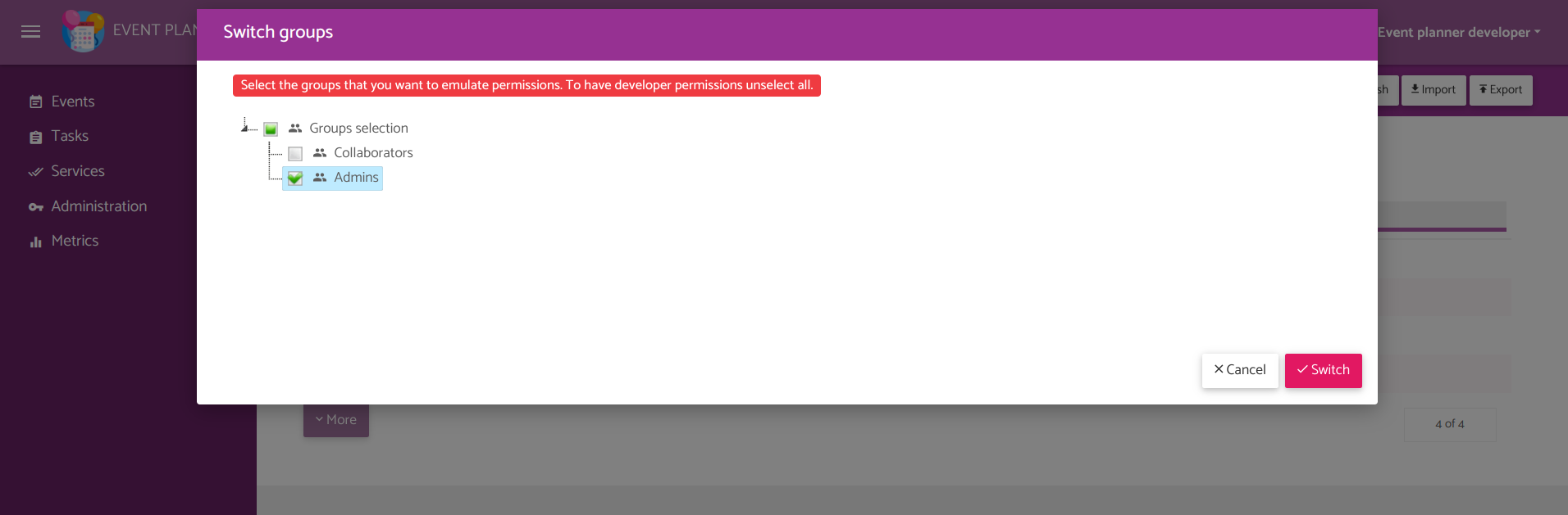 Switch group modal